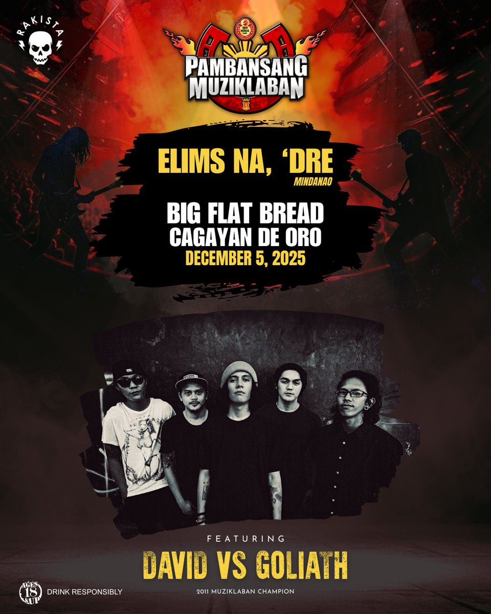 Mindanao, malalakas ang mga banda dyan . Red Horse Beer Pambansang Muziklaban 2025 Elims sa Big Flat Bread, Cagayan de Oro, kasama ang 2011 Muziklaban Champion David Vs Goliath.
Ilabas na ang pinakamabibigat na tugtugan, suportahan ang homegrown bands, at ramdamin ang lakas ng