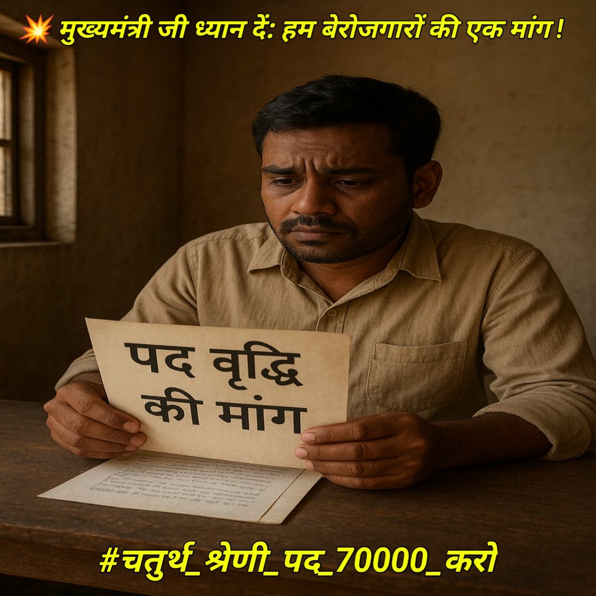 चतुर्थ श्रेणी भर्ती में पद वृद्धि की मांग को लेकर युवा लंबे समय से मांग कर रहे हैं..

डबल इंजन सरकार को युवाओं के हित में फैसला लेना चाहिए..

X platform पर हल्ला बोल ट्विटर कैंपेन में साथ दे...

#चतुर्थ_श्रेणी_पद_70K_करो 
<a href="/BhajanlalBjp/">Bhajanlal Sharma</a> 
<a href="/RajCMO/">CMO Rajasthan</a>