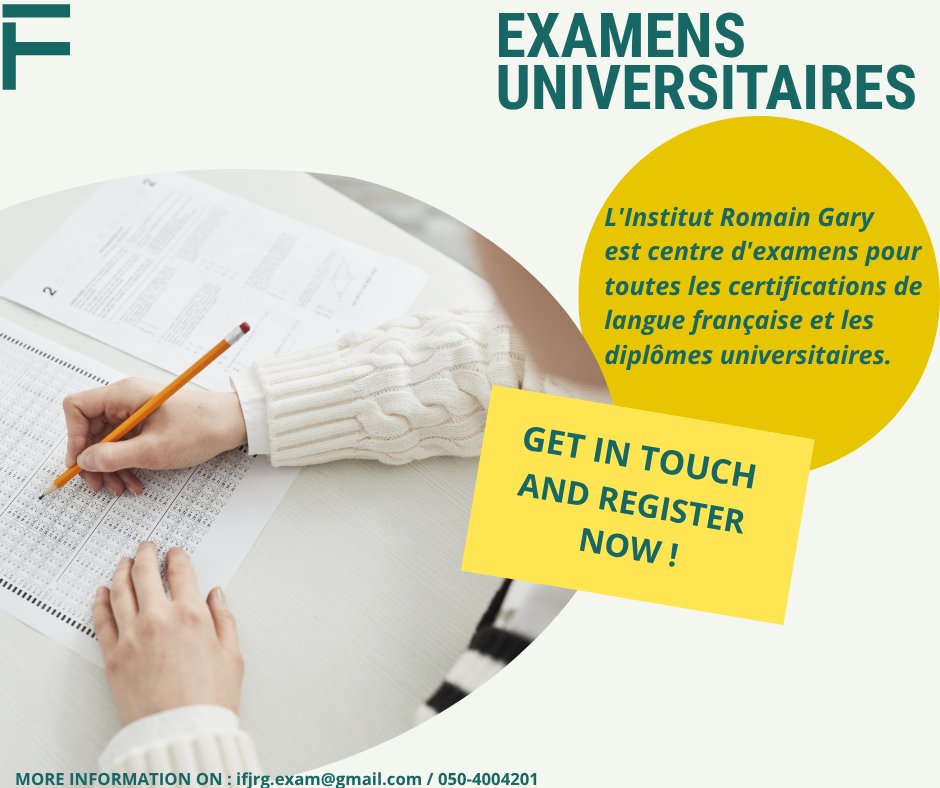 🎓 Étudiants d’universités françaises : passez vos examens à l’Institut français Romain Gary, centre agréé à Jérusalem.
 👉 Confort &amp; sérénité garantis.
📩 ifjrg.exam@gmail.com / 050-400-4201

🎓 French students: take your exams at IFRG Jerusalem!