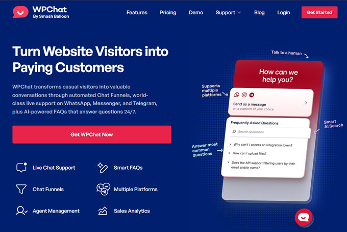 wpbeginner's tweet image. WPChat is a live chat tool that lets you offer instant customer support via WhatsApp, Instagram, Messenger, and Telegram. 

You can build intelligent Chat Funnels and offer instant answers with AI-powered FAQs around the clock.

Save 60% off WPChat by @smashballoon this Black…