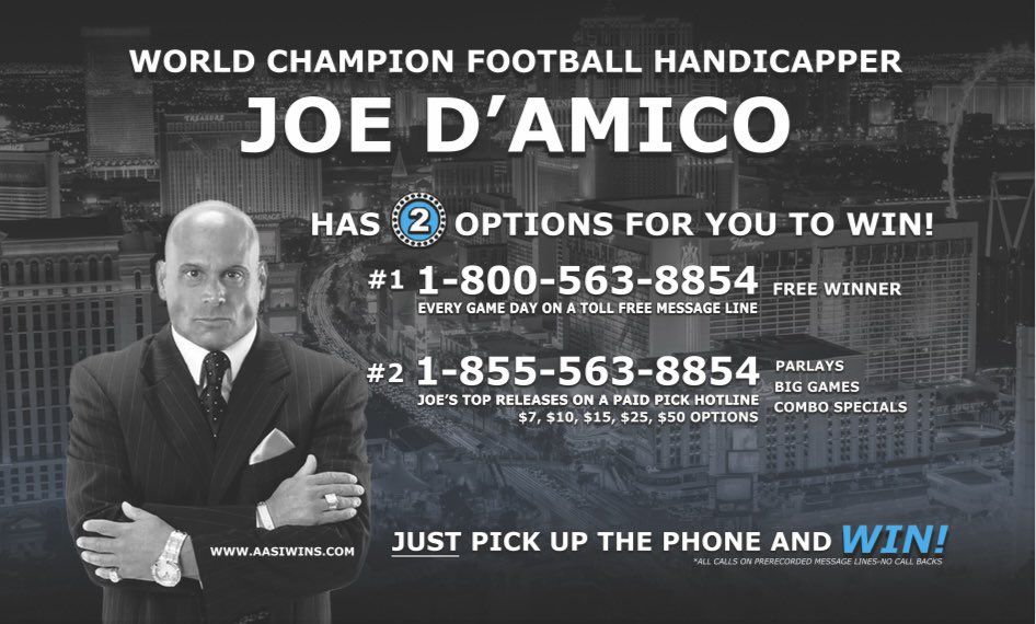JoeDamicoWins's tweet image. Joe D’s FREE PICK PHONE is HOT HOT HOT, 3-0 L3, and 72 L9. Call today for another FREE PICK WINNER on our prerecorded message line along w/ an OFFER for ALL of my NCAAF/NFL WINNERS THURS-MON just $49…my TURKEY SHOOT SPECIAL. #sportsbetting #bettingsports #bettingpicks