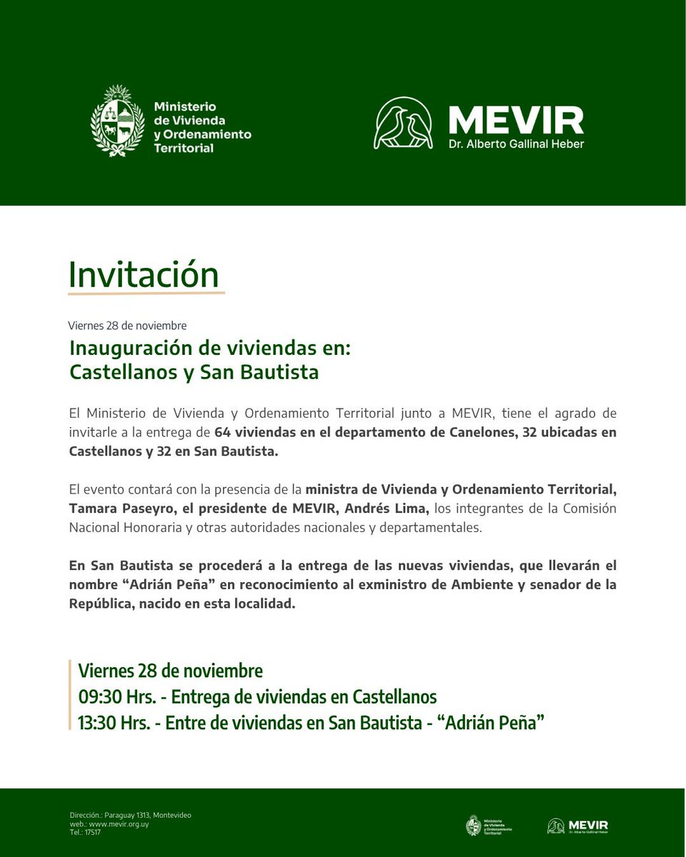 Este viernes se entregarán 64 viviendas de MEVIR,  las de San Bautista llevarán el nombre de nuestro querido amigo "Adrián Peña" . Estaremos acompañando junto al Alcalde Joaquin Farina Luc , integrantes de nustra agrupación y amigos.