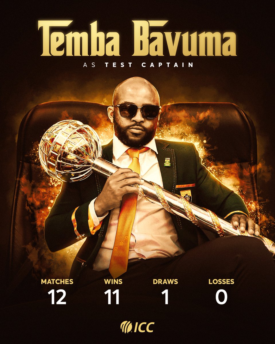 ICC's tweet image. 𝐈𝐭&apos;𝐬 𝐬𝐭𝐫𝐢𝐜𝐭𝐥𝐲 𝐛𝐮𝐬𝐢𝐧𝐞𝐬𝐬 😎

Temba Bavuma continues to lead the Proteas to greater heights in Test cricket 📈

More on their #INDvSA series win in #WTC27 📲 icc-cricket.com/news/proteas-m…