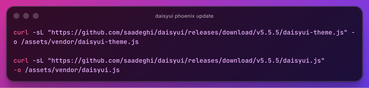 mrpopov_com's tweet image. Btw here is easiest way to update your @daisyui_  version in your #Elixir #Phoenix application. 

...

curl -sL &quot;github.com/saadeghi/daisy…&quot; -o /assets/vendor/daisyui-theme.js

curl -sL &quot;github.com/saadeghi/daisy…&quot; -o /assets/vendor/daisyui.js
