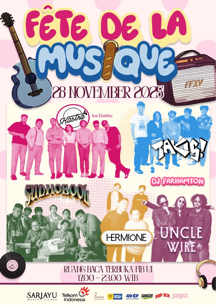 ui_event's tweet photo. Fête de La Musique – FestiFrance XV
Penutup FestiFrance dengan Skastra x Khalisha, Takis!, Uncle Wire, Sudhobool, dan DJ Farhamton 🎶
📅 28 Nov ⏰ 17.00–23.00 📍 RBT FIB UI
Terbuka untuk umum — datang dan bersenang-senang! 🥳 https://t.co/Ca0o9zDMjP