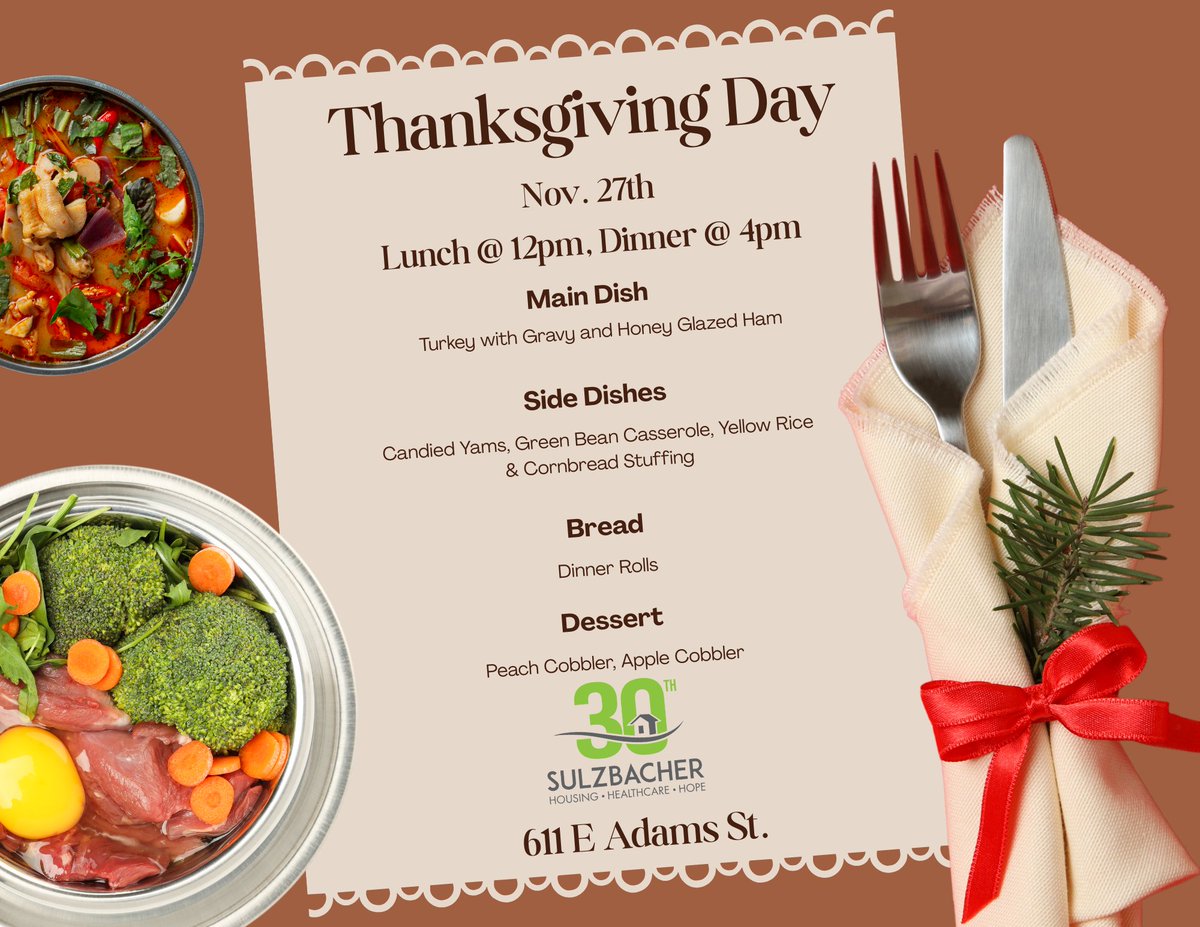 CityofJax's tweet image. Thanksgiving is no time for anyone to be hungry.  Thank you to @sulzbacherjax for opening their doors to those need of a meal tomorrow:

🦃 Thursday, November 27
🦃 611 E. Adams Street
🦃 Noon &amp;amp; 4pm

We appreciate you sharing with a friend or neighbor in need. Happy Thanksgiving!