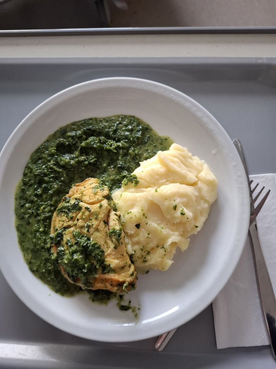 Mittagessen im KH 🥰
Spinat, Kartoffelpü., Omelett 😋 gut gewürzt, lecker 👍