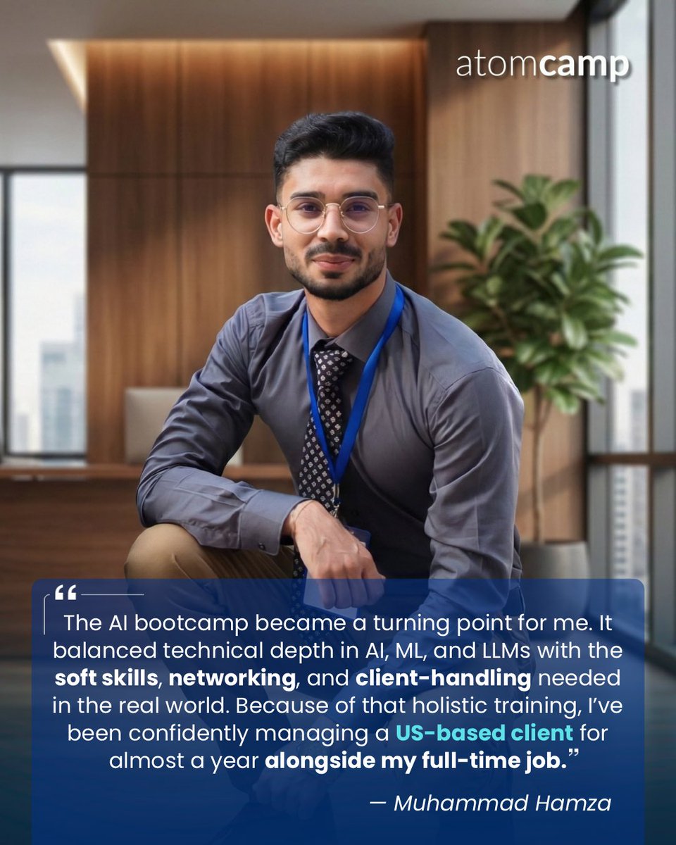atomcamp's tweet image. &quot;The AI bootcamp was a turning point for my career. The program provided a perfect mix of technical depth in AI, ML, and LLMs, alongside the essential soft skills, networking, and client handling techniques needed for the industry.

Because of that holistic learning environment,…