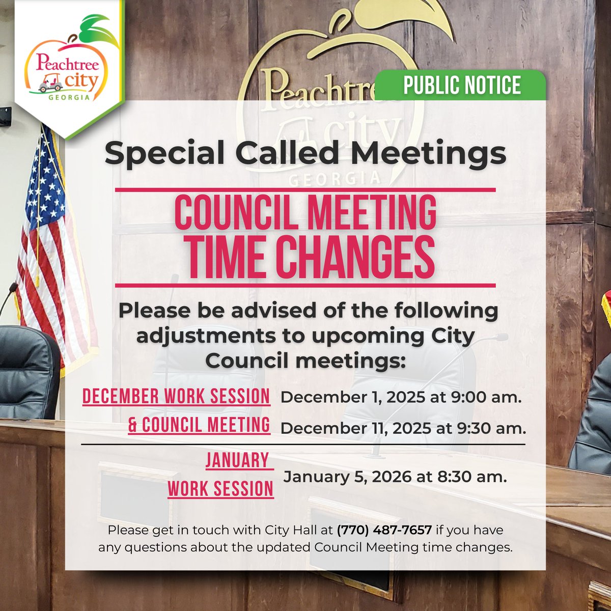 Enclosed is the agenda for the Special Called Council Meeting scheduled for Monday, December 1, 2025. It starts at 9:00 AM in the Council Chambers at City Hall (151 Willowbend Road).

Download the agenda packet here:
peachtreecityga.portal.civicclerk.com/event/2535/fil…

If you're unable to attend in person,