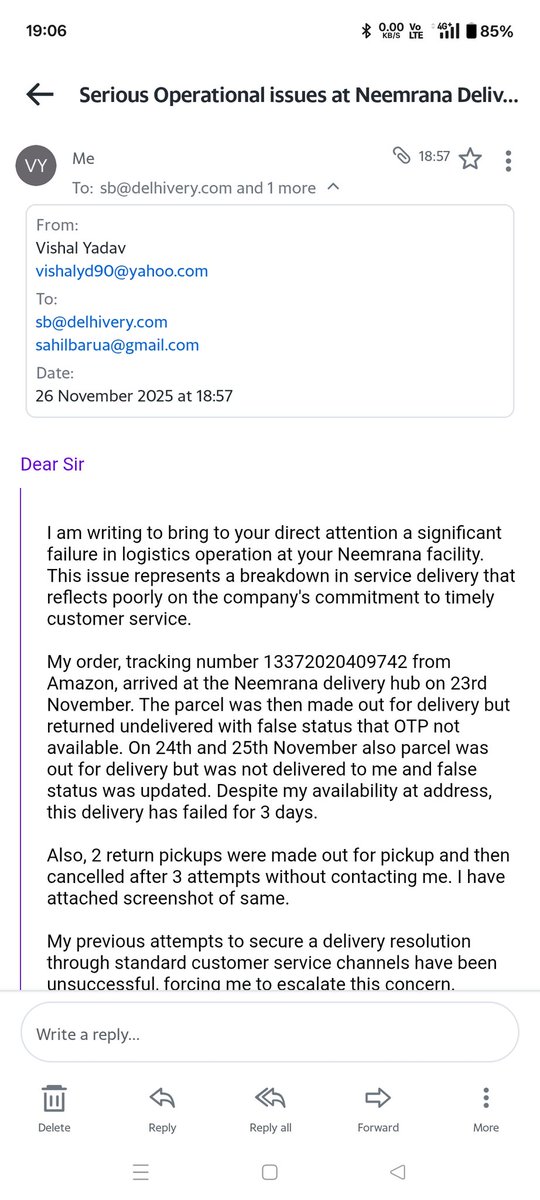 VishalYd's tweet photo. @help_delhivery Complaint Email sent to Company's Top Executive https://t.co/kkr8BrFDfb