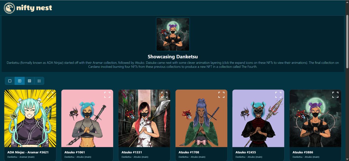 niftynest_io's tweet image. 🪹 Nifty Nest - Collect, Catalog, Curate
🚀 5 days to go!  

As our launch approaches, we’re spotlighting some amazing Cardano projects. Todays featured project is @DanketsuNFT
 
📷 Explore their NFTs: 
niftynest.io/ords/r/apps/ni…

#Cardano #NFT #CardanoCommunity #web3 #nftart
