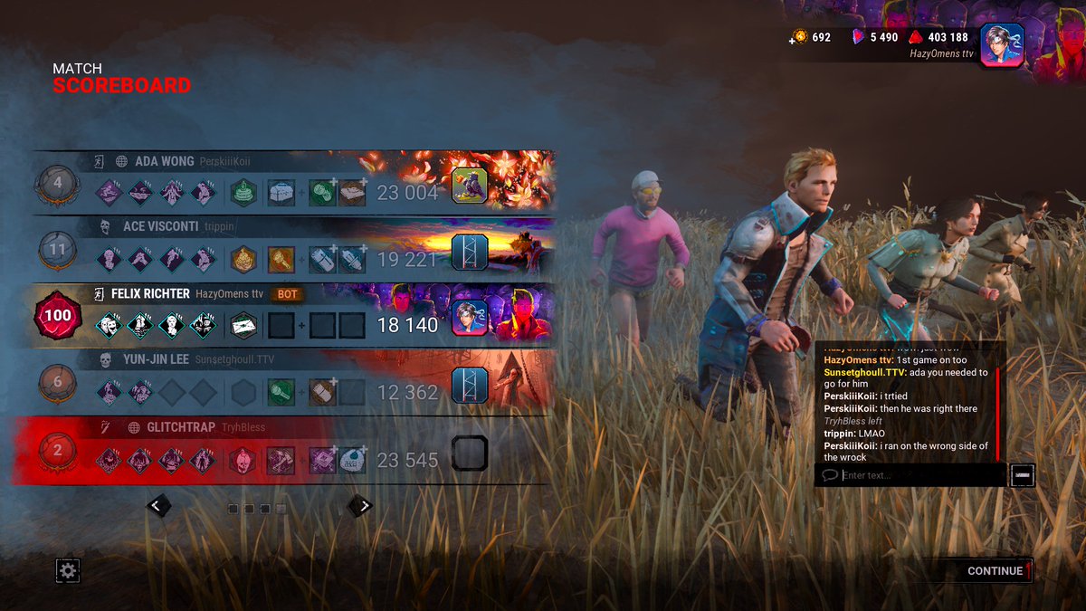 The state of DBD right now as of 9.3.0
1st match a slugging SpringTrap who bled out the Yun-Jin and Ada leaving me &amp; Ace for dead, which btw she was fully capable of at least getting one of us off hook but she just left like nothing happened lmao