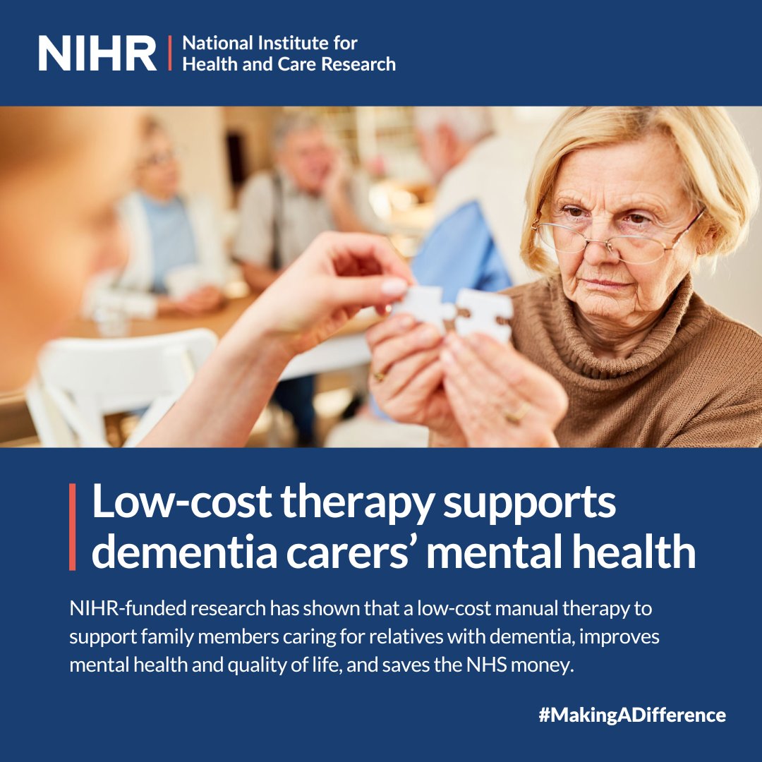 Nearly 40% of dementia carers become depressed or anxious, stopping them from being able to care for their relatives, even though their help is vital.

NIHR-funded research has shown that a low-cost manual therapy to support family members caring for relatives with dementia,