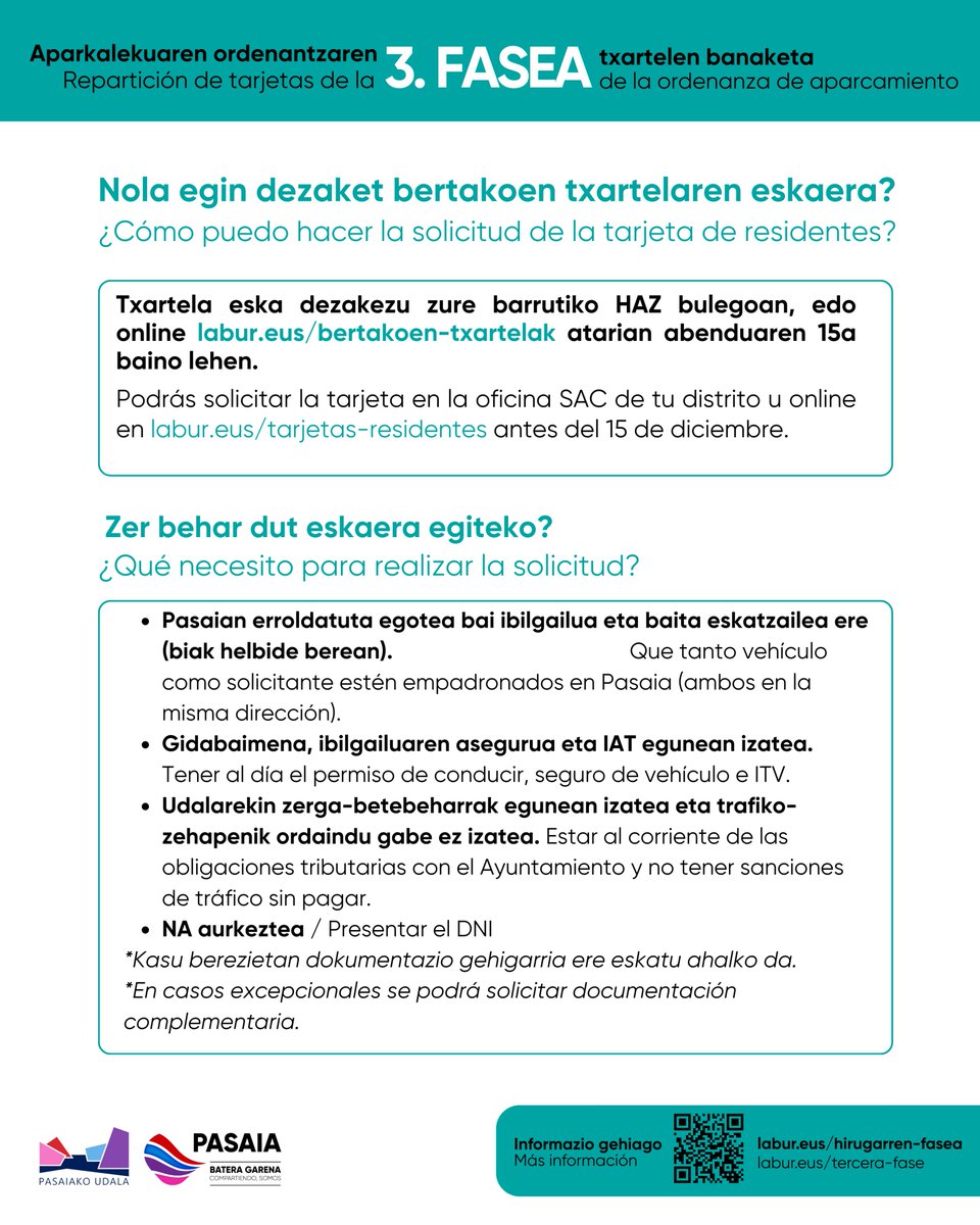 pasaiakoudala's tweet image. 🪪🅿️🚙Hirugarren faseko bizilagunek dagoeneko eska ditzakete bertakoen txartelak, hau da, Trintxerpe, Donibane eta San Pedro osoko bizilagunek.

 ℹ️Eskaerak online edo HAZ bulegoetan aurkez daitezke.

🕕Gainera, TXARTELAK BANATZEKO ORDUTEGIA BEREZIAK jarri dira HAZ bulegoetan.…