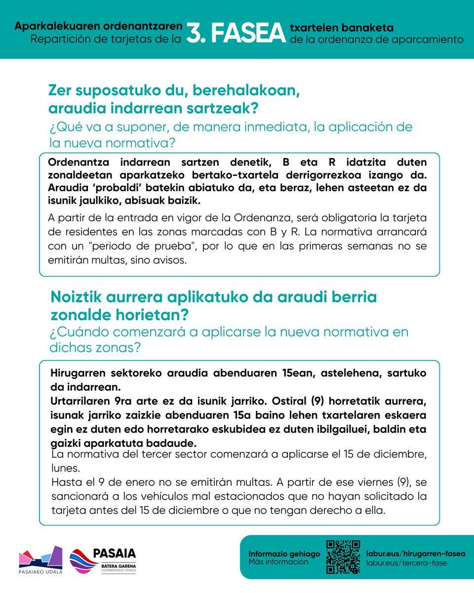 pasaiakoudala's tweet image. 🪪🅿️🚙Hirugarren faseko bizilagunek dagoeneko eska ditzakete bertakoen txartelak, hau da, Trintxerpe, Donibane eta San Pedro osoko bizilagunek.

 ℹ️Eskaerak online edo HAZ bulegoetan aurkez daitezke.

🕕Gainera, TXARTELAK BANATZEKO ORDUTEGIA BEREZIAK jarri dira HAZ bulegoetan.…