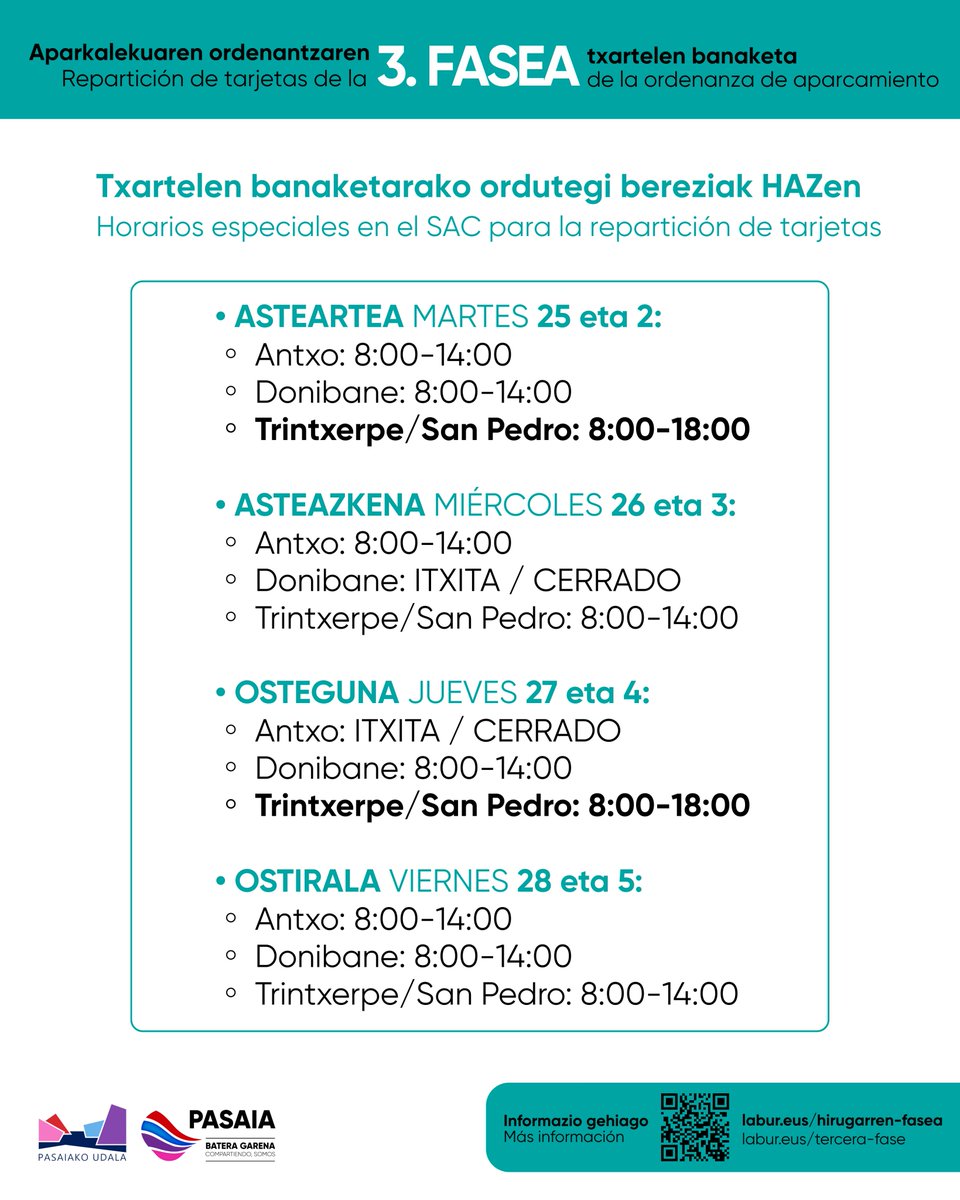 pasaiakoudala's tweet image. 🪪🅿️🚙Hirugarren faseko bizilagunek dagoeneko eska ditzakete bertakoen txartelak, hau da, Trintxerpe, Donibane eta San Pedro osoko bizilagunek.

 ℹ️Eskaerak online edo HAZ bulegoetan aurkez daitezke.

🕕Gainera, TXARTELAK BANATZEKO ORDUTEGIA BEREZIAK jarri dira HAZ bulegoetan.…