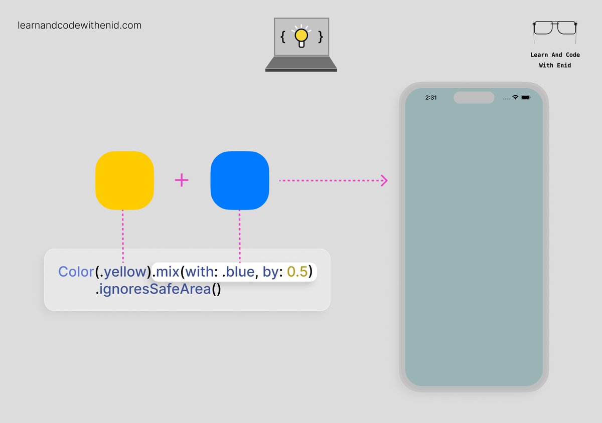 ios_dev_alb's tweet image. SwiftUI Tip 💡

In iOS 18.0+, use the .mix() modifier to blend two colors into a new one.

Great for creating custom backgrounds, smooth gradients, or dynamic themes on the fly.

→ learnandcodewithenid.com
