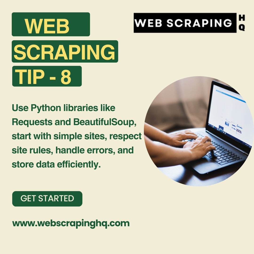 Web_Scraping_HQ's tweet image. Web Scraping Tip - 8
Use Python libraries like Requests and BeautifulSoup, start with simple sites, respect site rules, handle errors, and store data efficiently.

Visit webscrapinghq.com for more details.

#WebScrapingHQ #WebScrapingTools #WebScrapingServices #webscraping