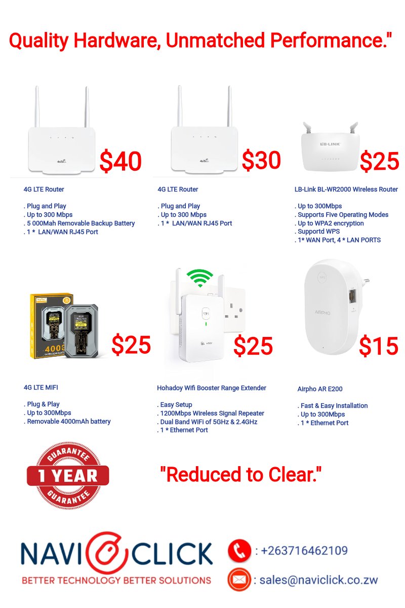 naviclickzw's tweet image. Quality Networking Hardware with Unmatched Performance #redmarketsunday #networking #internet #4GLTE #wifi #router #mifi #blackfiday #harare #zimbabwe #naviclickzw #like #share #follow