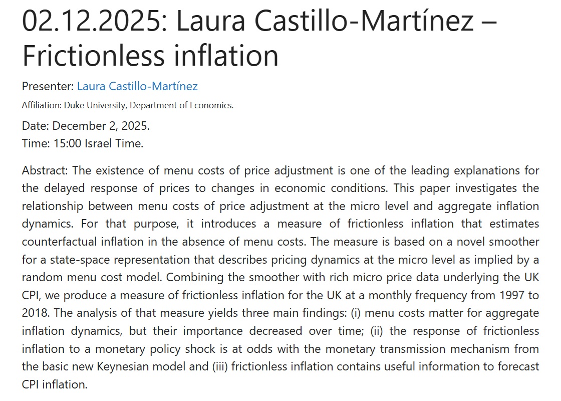 vimacro_org's tweet image. 📢 VIMM Seminar 📢
Next week, @lcastillomart (@DukeU and @MinneapolisFed) will present her paper on "Frictionless inflation" @vimacro_org

Registration: vimacro.org/attend

Info/Paper: vimacro.org/laura-castillo…

#EconTwitter #Economics #Research #MonetaryPolicy #Inflation #CPI