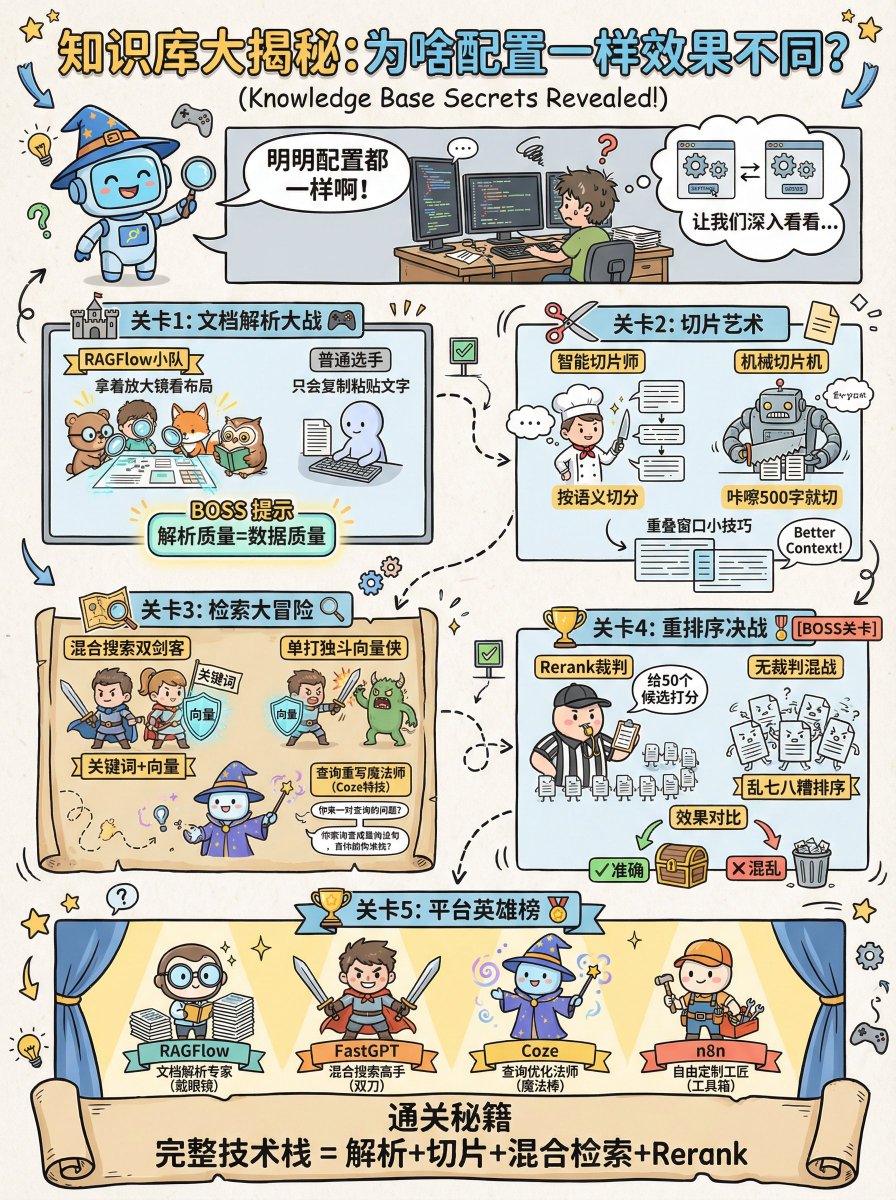 为什么知识库配置明明一样，但不同平台的效果却完全不同？

昨晚给一家企业做咨询，讨论到他们内部流程的知识库目前检索效果不佳。我看他们在用的是一个私有部署的工作流平台，顺口问了一句：“这块有没有试过专门的 FastGPT 或者 RAGFlow？”