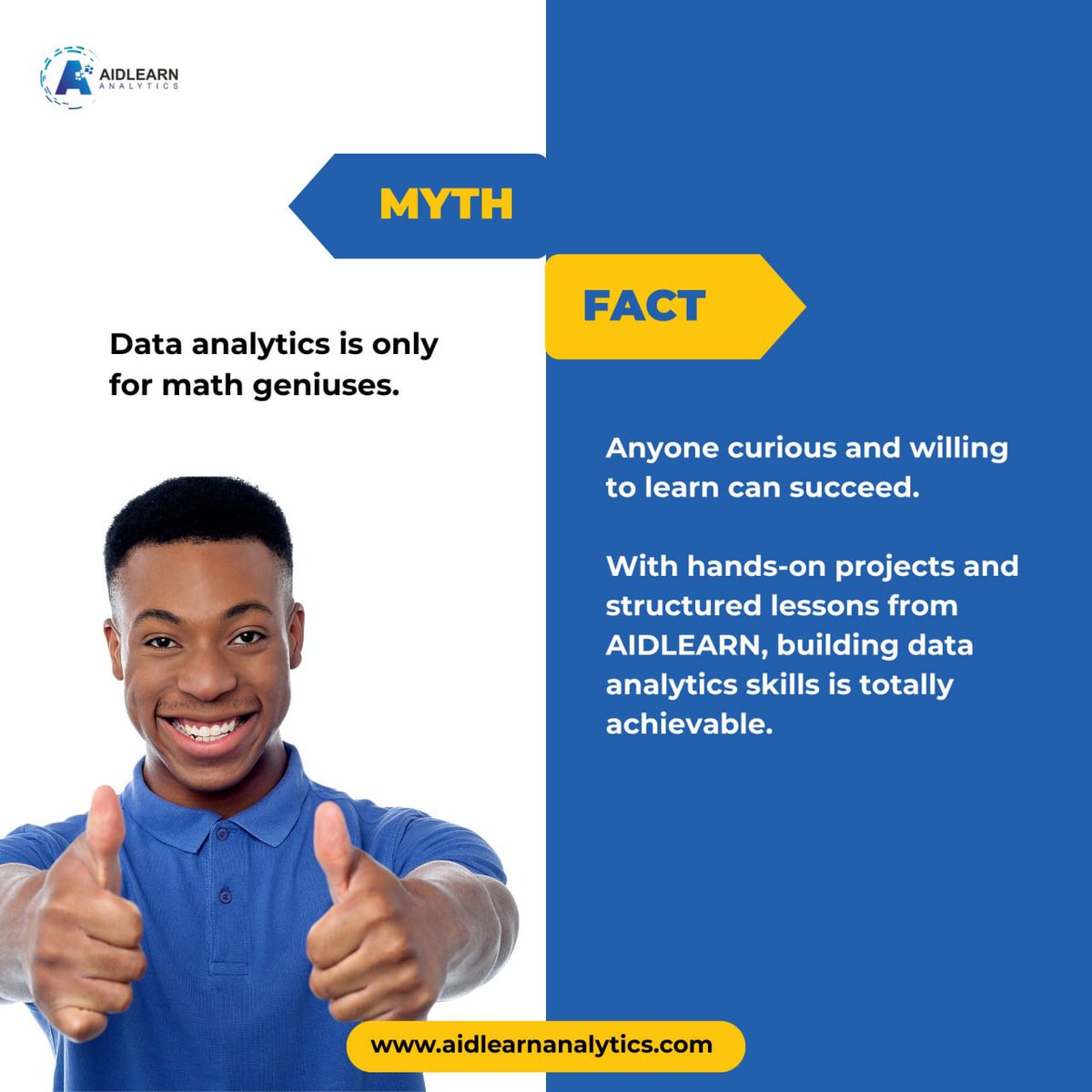 AidlearnA's tweet image. Think data analytics is only for math geniuses? ❌ Myth!

Anyone curious and willing to learn can succeed. With AIDLEARN, you get step-by-step lessons and real projects to build your skills.

What’s a data myth you used to believe? Reply below!

#DataAnalytics #LearnData