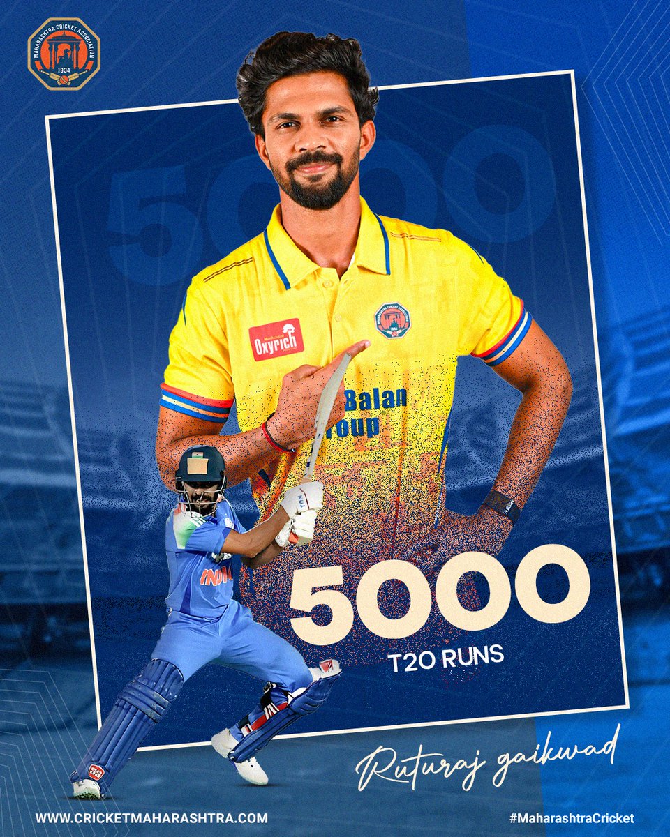 MahaCricket's tweet image. Elegance. Consistency. Class 🌟

Milestone unlocked! 
Ruturaj Gaikwad crosses 5000 T20 runs with the same calm, class and clarity he’s known for. Maharashtra’s finest continues to rise.

#mca #mcacricket #TeamMaharashtra #TeamMaha #cricketmaharshtra #ruturajgaikwad