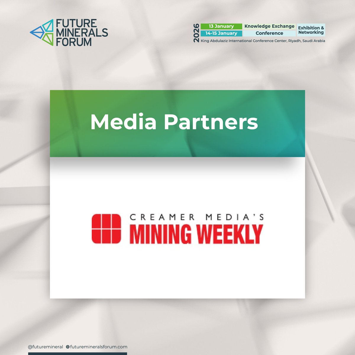 FutureMineral's tweet image. We are delighted to announce our media partnership with @MiningWeekly, a leading global platform dedicated to reporting on the latest developments in the #minerals sector.

Register now and be part of #FMF26:
registration.futuremineralsforum.com/e/a004a4fa-abe…