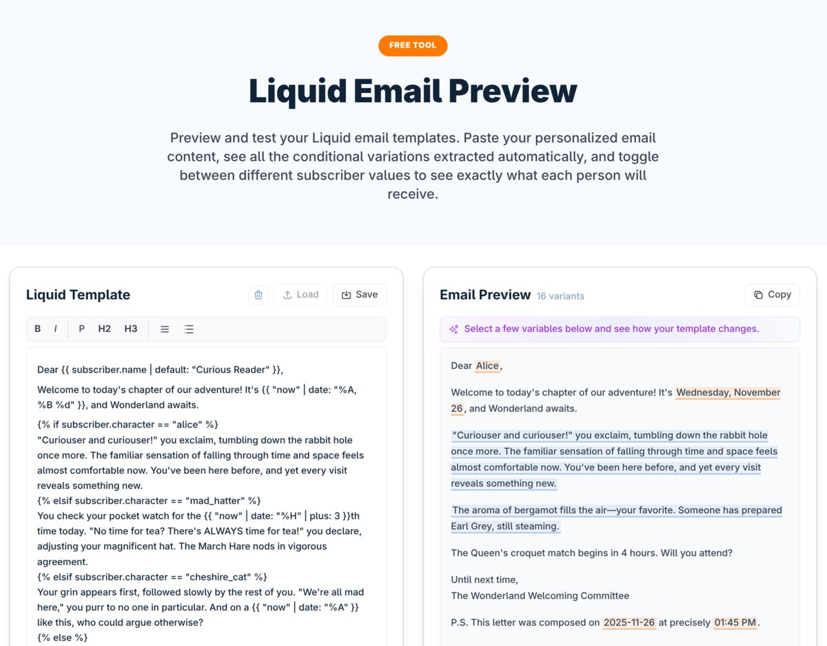 brennandunn's tweet image. Just built a free Liquid templating testing tool that&apos;ll replace TestMyLiquid.

It&apos;s pretty awesome: rightmessage.com/tools/liquid-p…