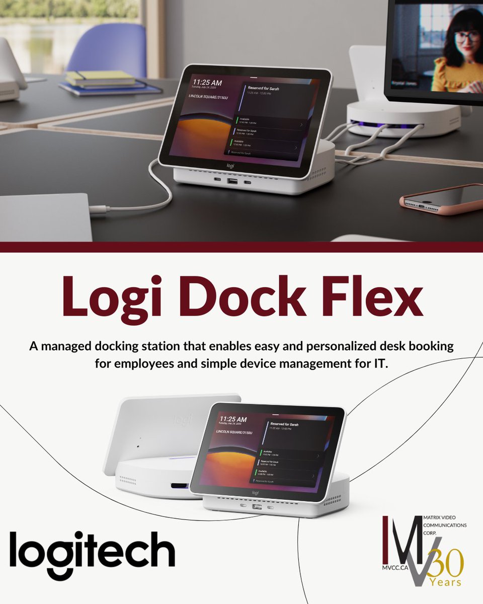 MatrixVideoMVCC's tweet image. The #LogiDockFlex from @logitech brings desk booking, dual-4K connectivity, and 100W USB-C charging into one #workspace hub. The 8″ display shows real-time desk status, and #IT teams can manage everything through CollabOS and Sync. Reach out to sales@mvcc.ca to learn more.