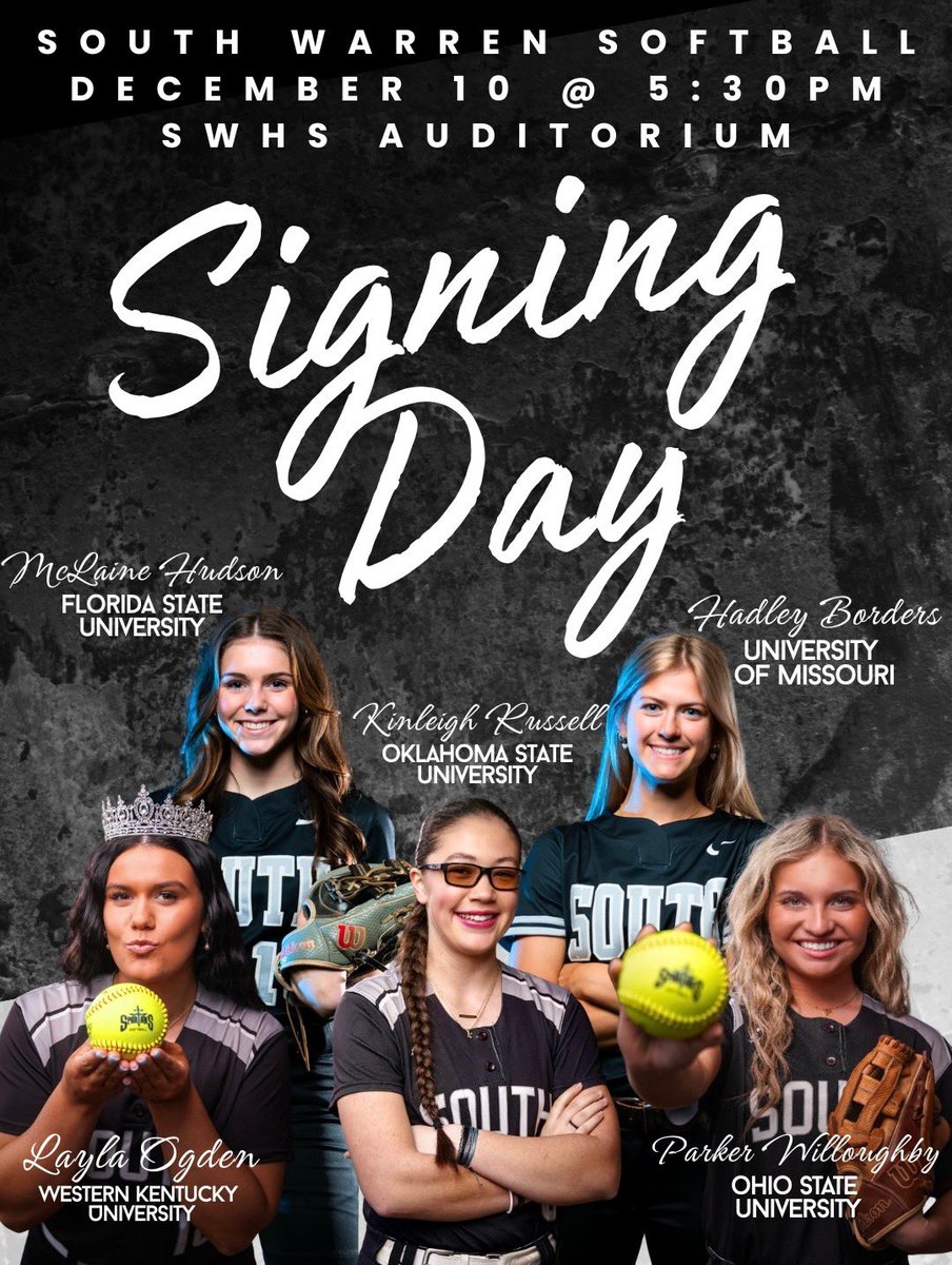 Mark you calendars 📆

<a href="/LaylaOgden1/">Layla Ogden</a> <a href="/McLaineHudson1/">McLaineHudson</a> <a href="/Russell_2026/">Kinleigh Russell</a> <a href="/HadleyBorders/">Hadley Borders</a> <a href="/pwilloughby11/">Parker Willoughby</a> will publicly sign their NLI to play collegiate softball. All are invited! 🥎🖤
<a href="/WCPSAthletics_/">WCPS Athletics</a> <a href="/bgpreps/">Bowling Green Preps</a> <a href="/sportingtimes/">Sporting Times</a> <a href="/wbkosports/">WBKO Sports</a> <a href="/News40Sports/">News 40 Sports | WNKY</a> <a href="/SWSpartanAthl/">South Warren High School Athletics</a> <a href="/NateInSports/">Nate Bryan</a>