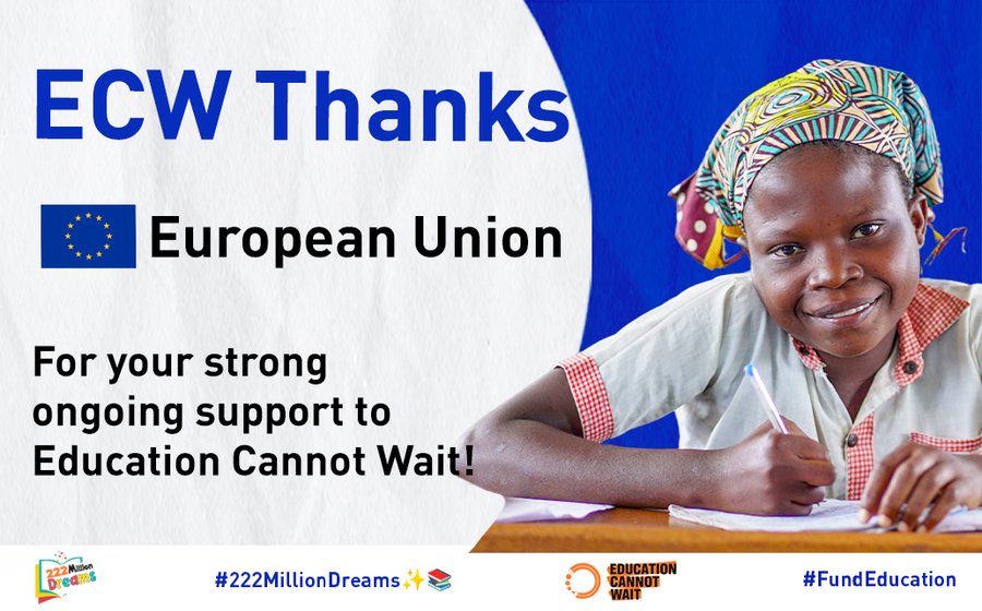 KentPage's tweet photo. 🙏Thank-you #EuropeanUnion🇪🇺 for your strong, ongoing support to @EduCannotWait !✨

Your generous contributions allow #ECW & strategic partners to reach even more crisis-affected girls & boys across the🌎with #QualityEducation!

#KeepHopeAlive @UN @EU_Partnerships @EUatUN #222MillionDreams✨📚