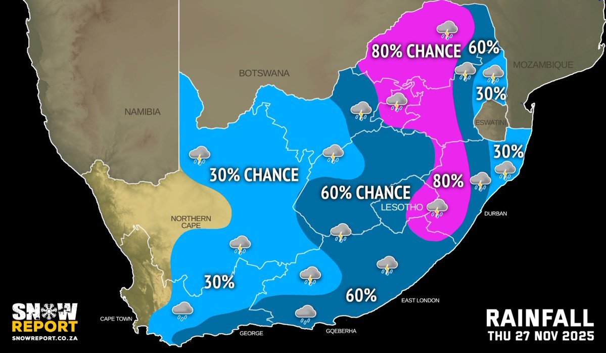 SnowReportSA's tweet image. THURSDAY WEATHER: Rainfall across most of the country, fog and damaging winds off the coast. See snowreport.co.za for the full forecast #saws #weather #forecast #weatherwarnings