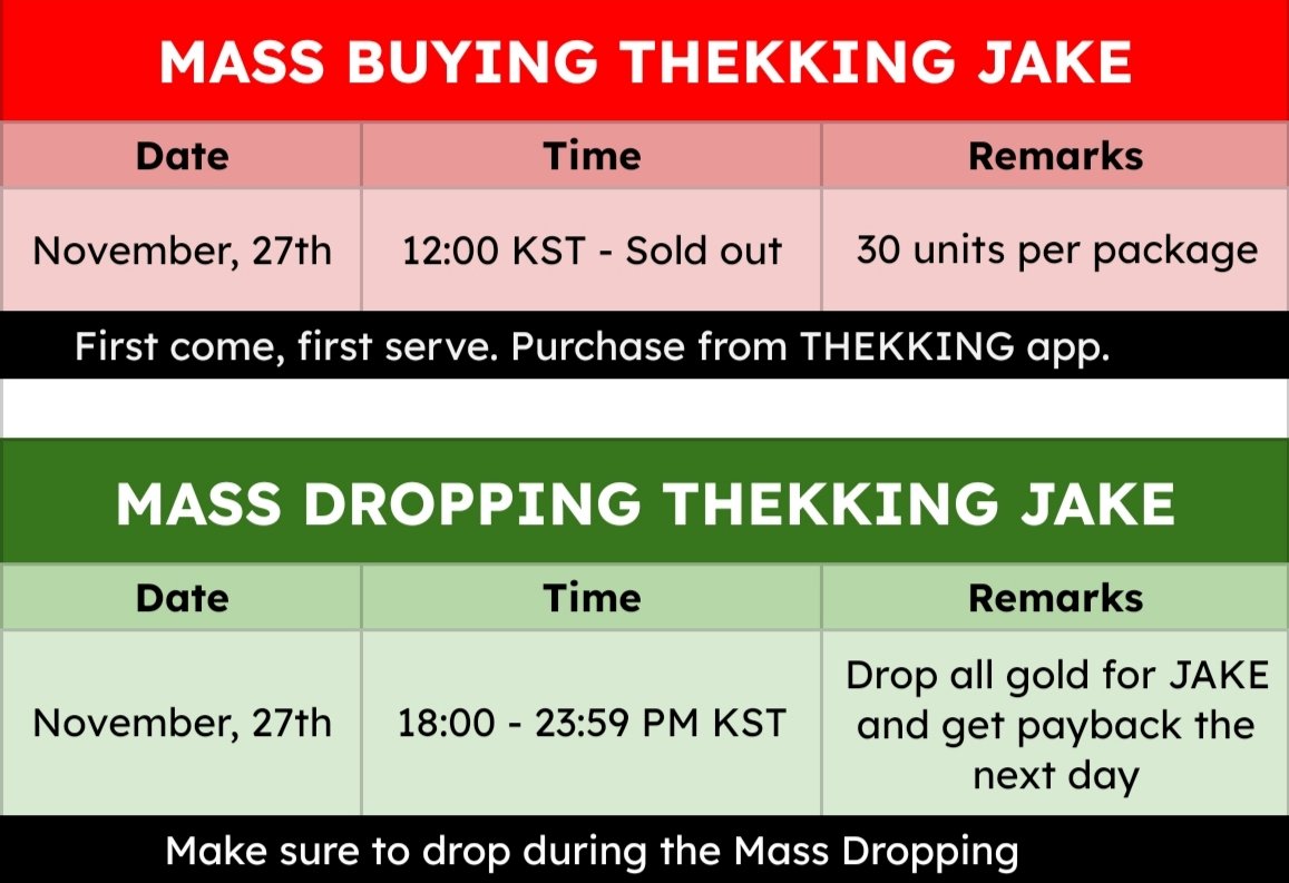 [ 🚨 ] ATTENTION FOR THEKKING JAKE

TOMORROW! Let's buy and let's cast as many golds as possible for JAKE!

— Mass Buying: 12:00 - until units sold out
— Mass Dropping: 18:00 - 23:59 PM KST

How to purchase⬇️⬇️⬇️

#ALLFORJAKE #JAKE #제이크 #엔하이픈_제이크 #ENHYPEN_JAKE