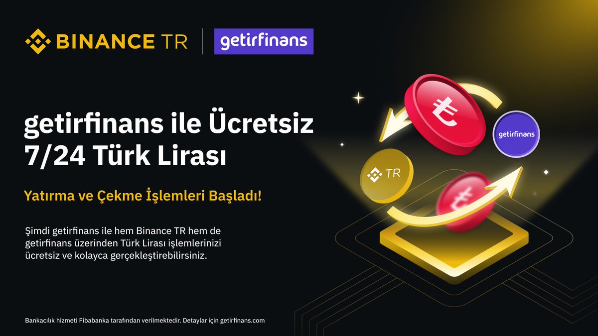 BinanceTR's tweet image. Artık #Binance TR’de @getirfinans üzerinden ücretsiz 7/24 Türk Lirası yatırabilir ve çekebilirsiniz.

Bu entegrasyonla birlikte banka bağlantılarımızın sayısı 10’a yükseldi. Kullanıcılarımız artık Binance TR’de işlemlerini çok daha hızlı, kolay ve kesintisiz bir şekilde…