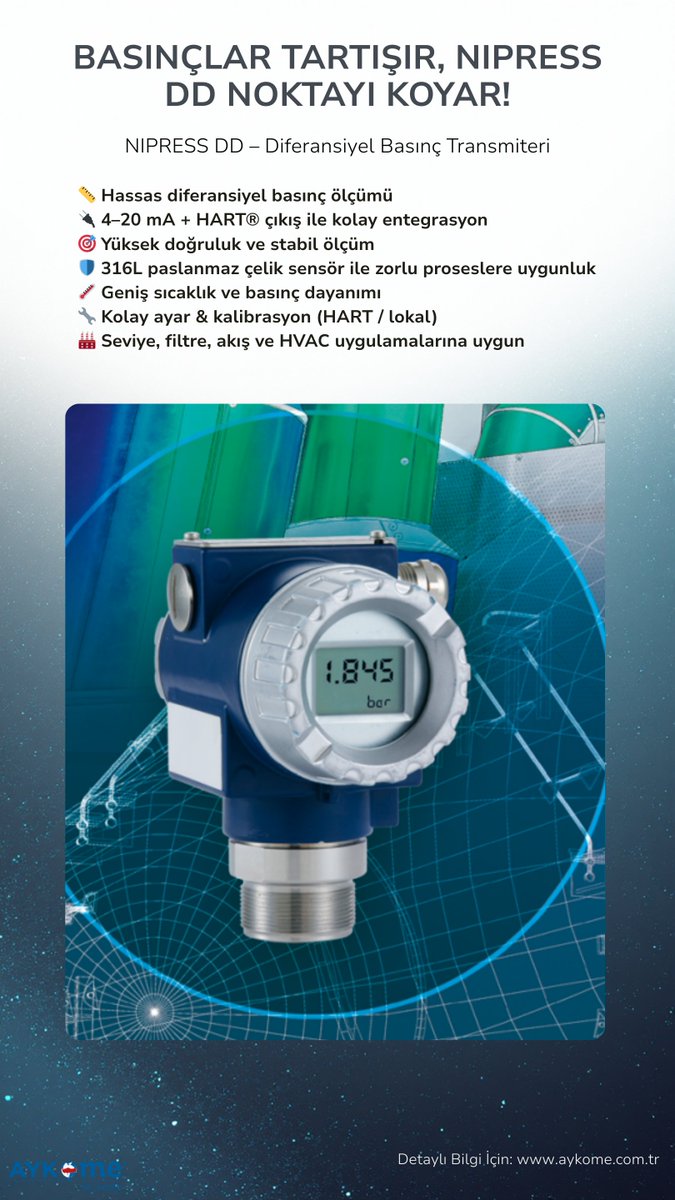 aykometurkiye's tweet image. Basınçlar tartışır, #NIPRESSDD noktayı koyar!

Hassas diferansiyel basınç ölçümü, 4–20 mA + HART®, zorlu proseslere uygun.

#Otomasyon #Enstrümantasyon #Aykome
