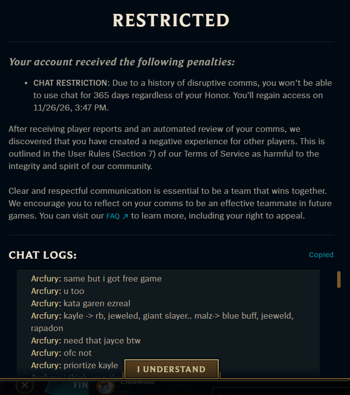 yussefwithouto's tweet photo. @drewlevin hello i got restricted for chat comms with my friend in tft? can u look into this? 
i was playing with this dude and i called him a dog cuz he made wrong emblem @AWalied  thats all
even if system flagged the word it is not fair to get 1 year restriction https://t.co/0T8SMvr9Ls