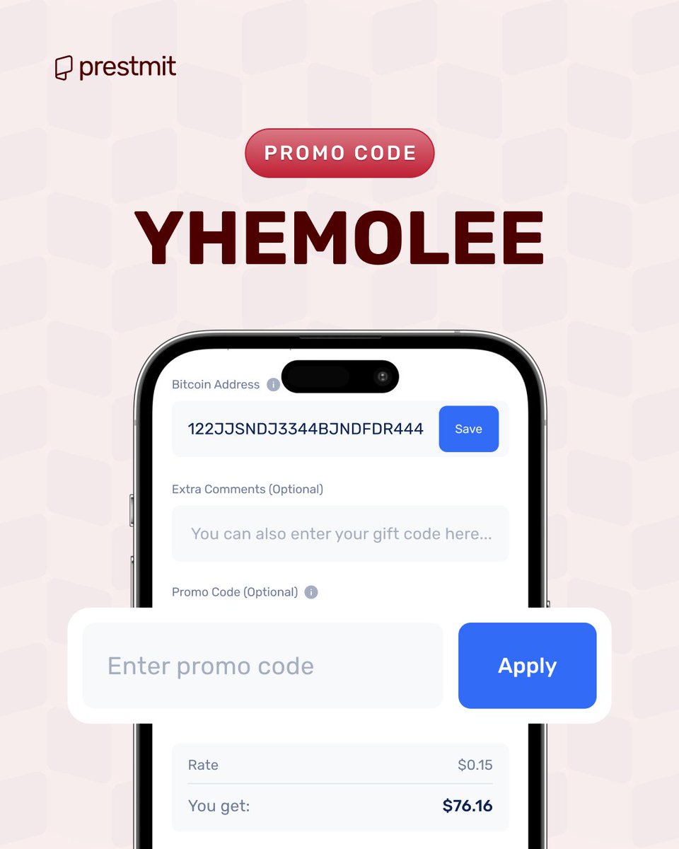 prestmit's tweet image. You asked for it. 🙃

And we delivered! 😊

Now you can use promo code YHEMOLEE on Prestmit and get more for your crypto. 🔥

Lock in, stack up, and save smart. 📌

#Prestmit #Promocode #Prestmitpromo