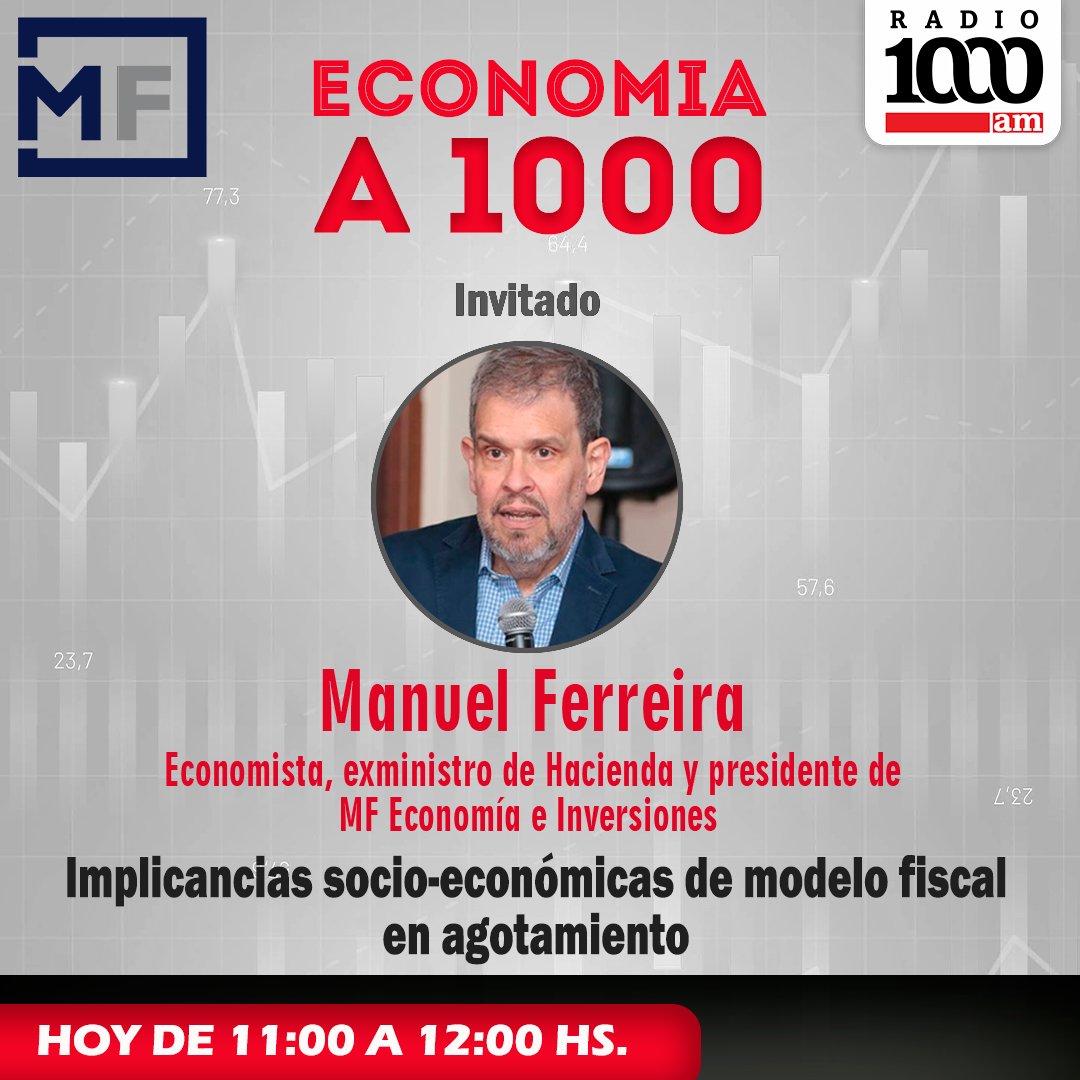 ECONOMÍA A 1000 |🛒📊📈📉

🗣️Este miércoles junto a <a href="/princeotto4/">Prince Otto</a> y <a href="/adacaballerot/">Ada Caballero</a> abordaremos sobre "Implicancias socio-económicas de modelo fiscal en agotamiento".

➡️Invitado: Manuel Ferreira (<a href="/FerreiraBManuel/">Manuel Ferreira</a>)
Economista, exministro de Hacienda y presidente de <a href="/mfeconomia/">MF Economía | Inversiones</a>
 
🕛