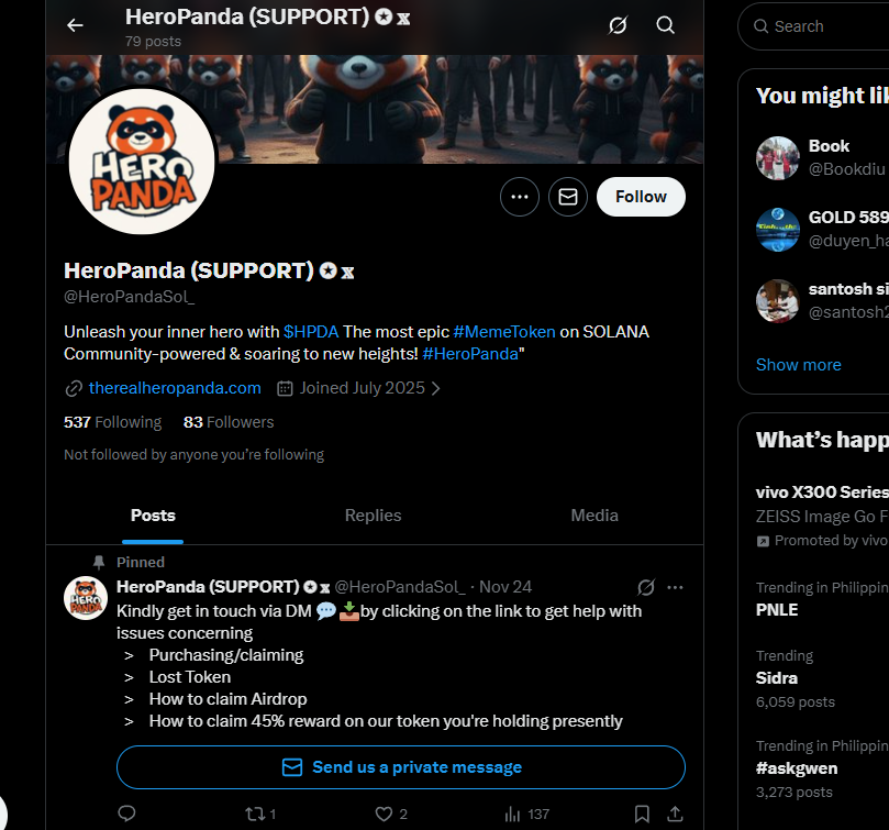 HeropandaSol's tweet photo. We are NOT connected to this account.
Any transactions made there are NOT our responsibility.
The page has already been reported ✅ Stay safe and follow only our official channels.
#ScamAlert #StaySafeOnline #OfficialOnly #ReportFraud #FalconBay #CryptoSafety https://t.co/8HI6JO4mRr