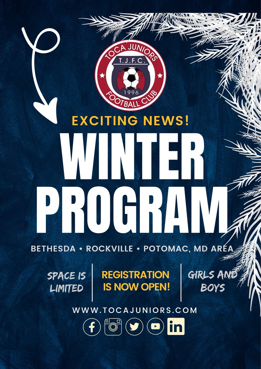 tocajuniorsfc's tweet image. ⚽ Winter Soccer Program – All Players Welcome! ❄️

Open to non-TOCA players too!

Toca Juniors F.C. is excited to offer Winter Training Sessions for players who want to stay active, have fun, and improve their skills.

📍 Location: Bethesda, Rockville, Potomac, MD area
📆 Dates:…
