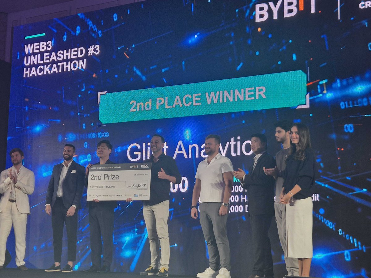 GlintAnalytics's tweet image. Our team just won 2nd place at the @Bybit_Official x @dmcccrypto Web3 Unleashed #3 Hackathon in Dubai!

Competing alongside amazing projects in Dubai was an honor.

The analyst economy keeps growing.

We&apos;re just getting started.

Thank you to everyone making this possible.