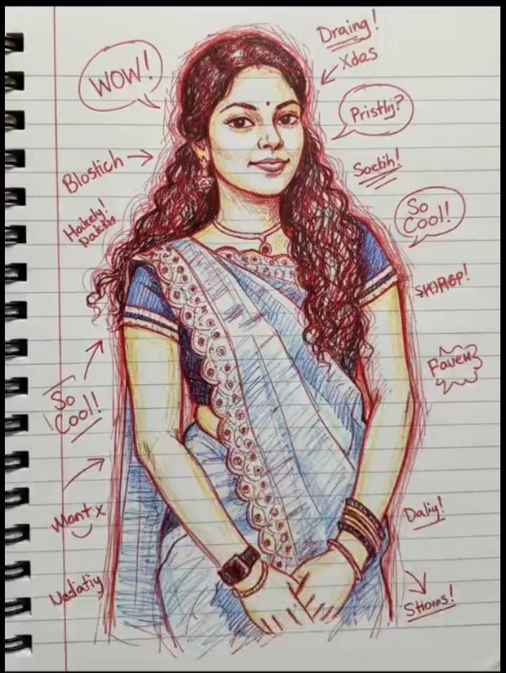 vennela_sandhya's tweet photo. Generate a hand-drawn portrait illustration in red and yellow pen on notebook paper, inspired by doodle art and comic annotations. Keep full likeness of the subject, expressive lines, spontaneous gestures, bold outline glow, handwritten notes around, realistic pen stroke texture. https://t.co/eAEgj6i4wu