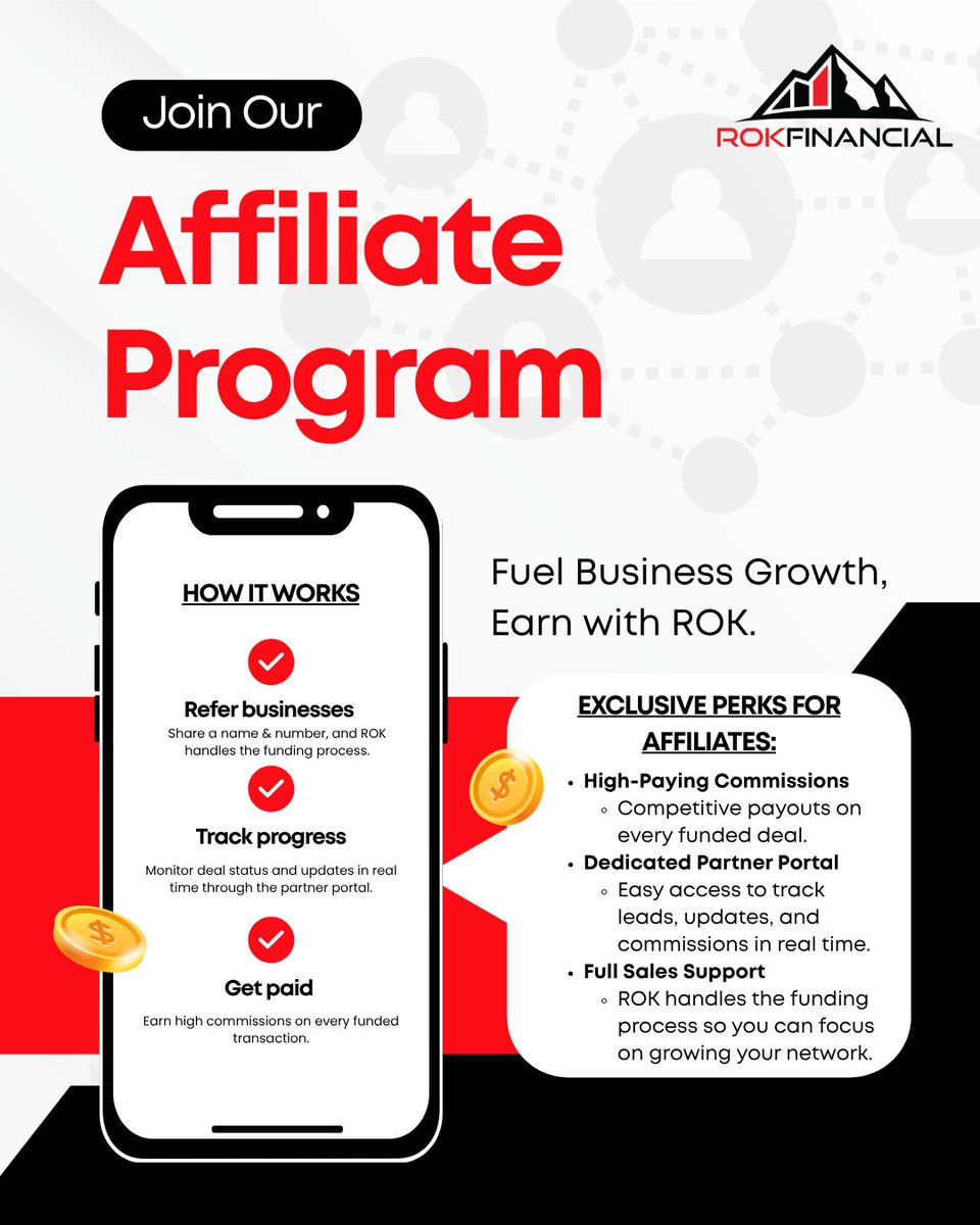 Jasonbblake1's tweet image. 💼 Build your network.
💸 Earn on every deal.
Partnering with ROK as an affiliate means getting paid while making an impact.
Start your journey — apply today! 📞💸