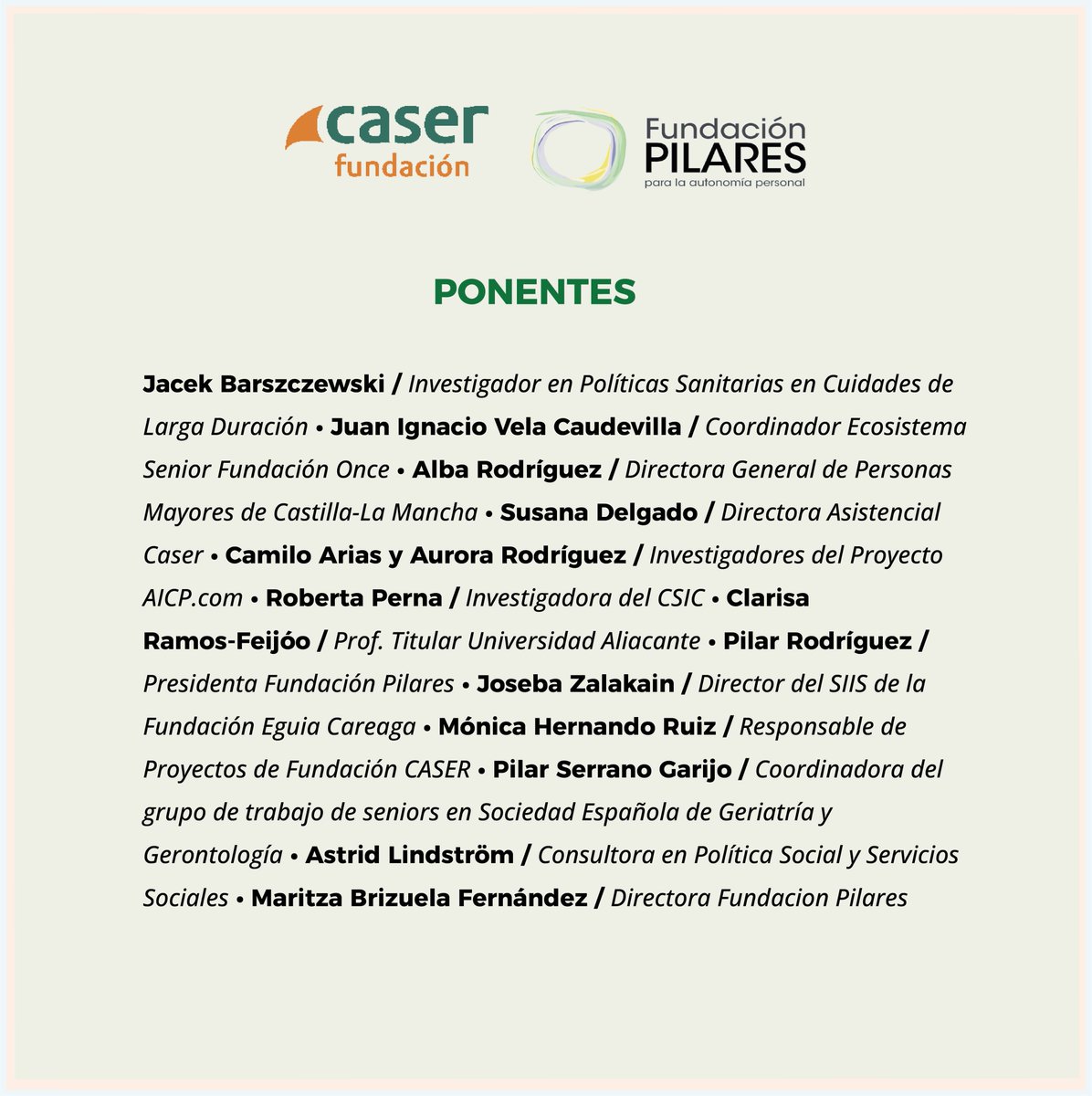 FPilares's tweet image. 📣 ¡Ya está disponible el programa de nuestras Jornadas!
Fundación Caser y Fundación Pilares presentamos el programa completo de la Jornada Técnica “Sostenibilidad de los Cuidados de Larga Duración”.

📅 27/11/2025 · IMSERSO (Madrid) · ⏰ 9:00–14:30
#Cuidados #InnovaciónSocial