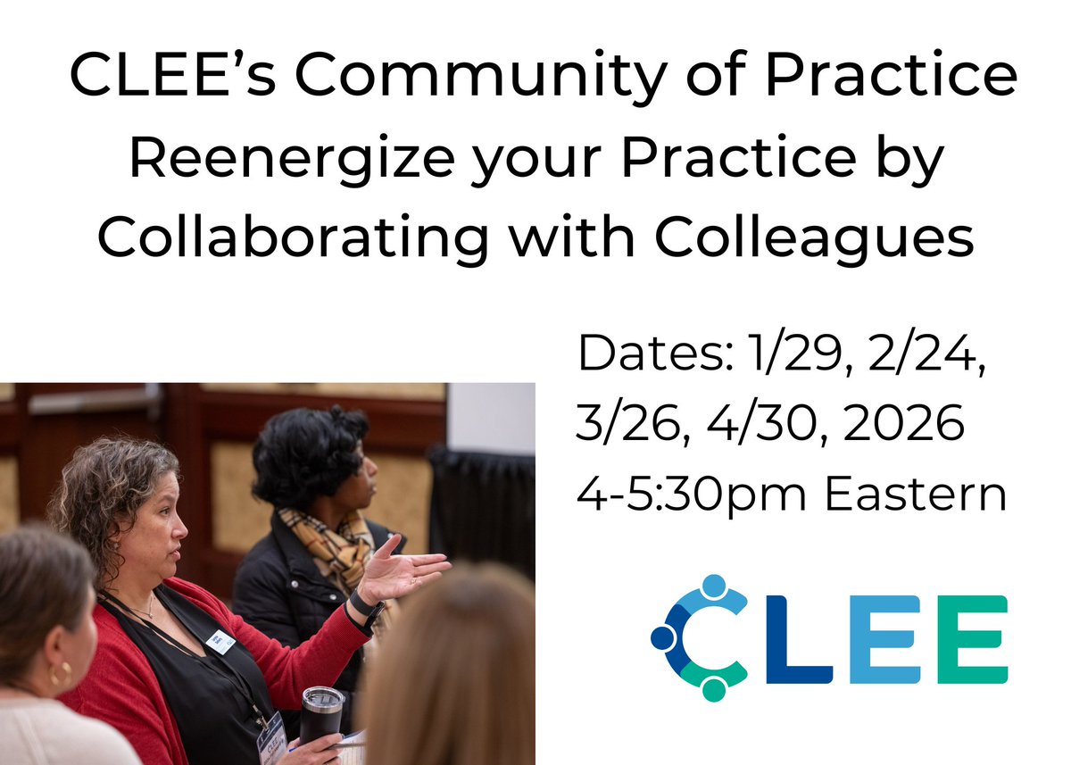 Join CLEE’s virtual Community of Practice to collaborate with peers across the country. Build relationships, exchange feedback on real challenges, and practice giving and receiving feedback in a supportive environment that fosters growth and impact.

clee.org/clee-cop/