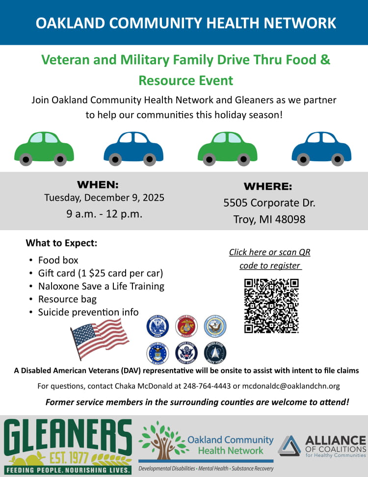Oakland Community Health Network and Gleaners is hosting a Veteran and Military Family Drive Thru and Resource Event on Tuesday, Dec. 9, from 9 am - 12 p.m. at 5505 Corporate Dr. in Troy. 

To register: bit.ly/4pE6nZf