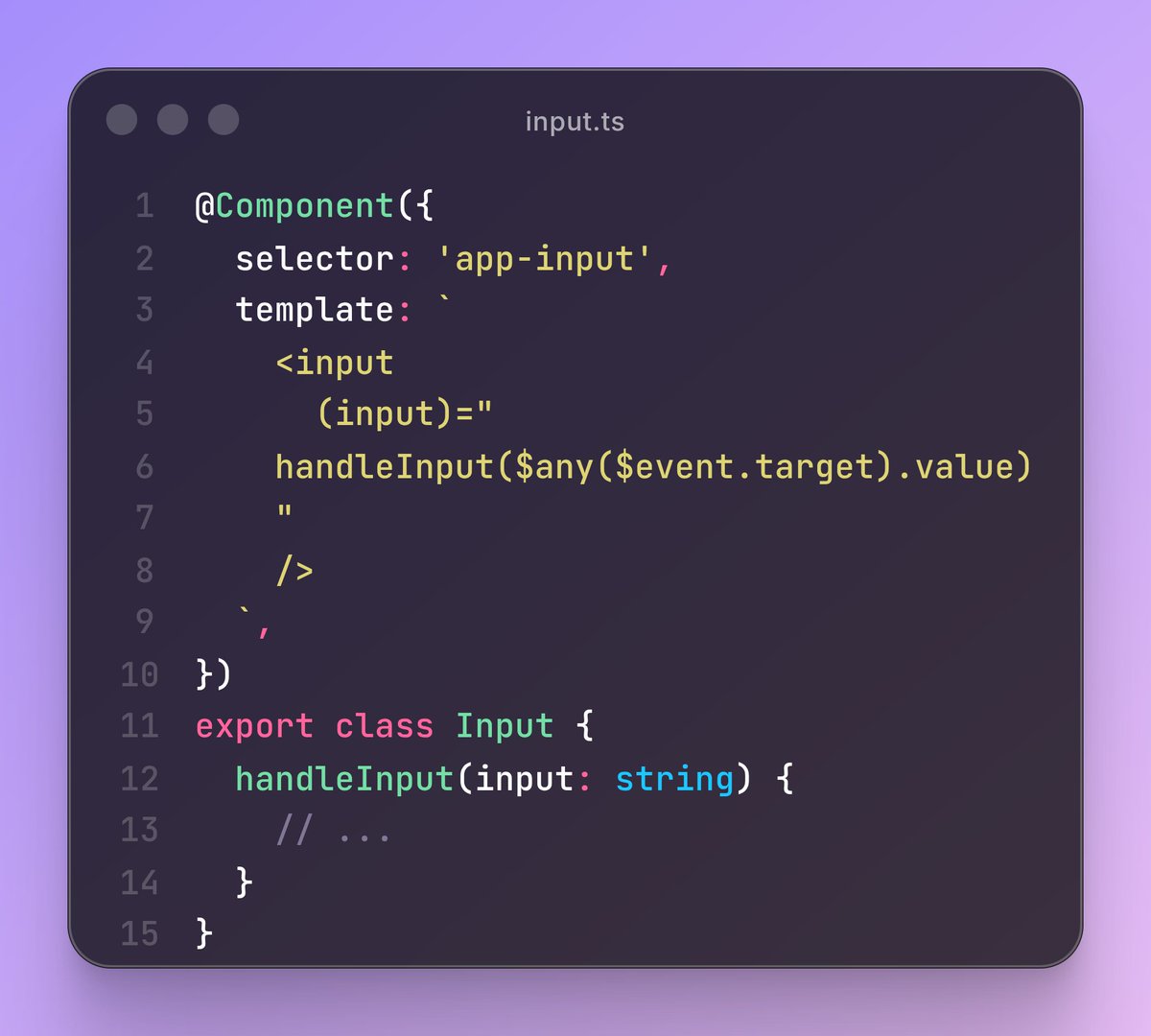 shhdharmen's tweet image. Did you know that in @angular you can disable type checking for binding expressions using `$any()`?

For example, in code given, $event.target is cast to `any` equivalent to Typescript.