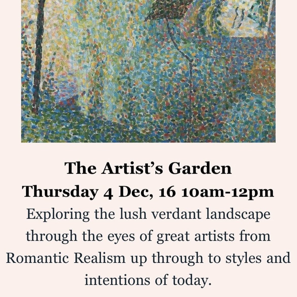 I’m looking forward to giving my illustrated art history lecture, Artists Gardens, next Thursday December 4th, 10am. Book your ticket Highgate Literary &amp; Scientific Institution 📞 020 8340 3343 see you there!