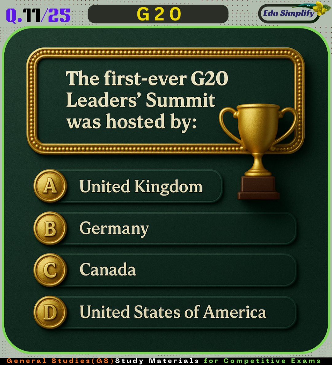 gssimplify's tweet photo. The first-ever G20 Leaders' Summit was hosted by which country ? #UPSC #SSCPrep #G20 #CompetitiveExams https://t.co/gqPCW37aci